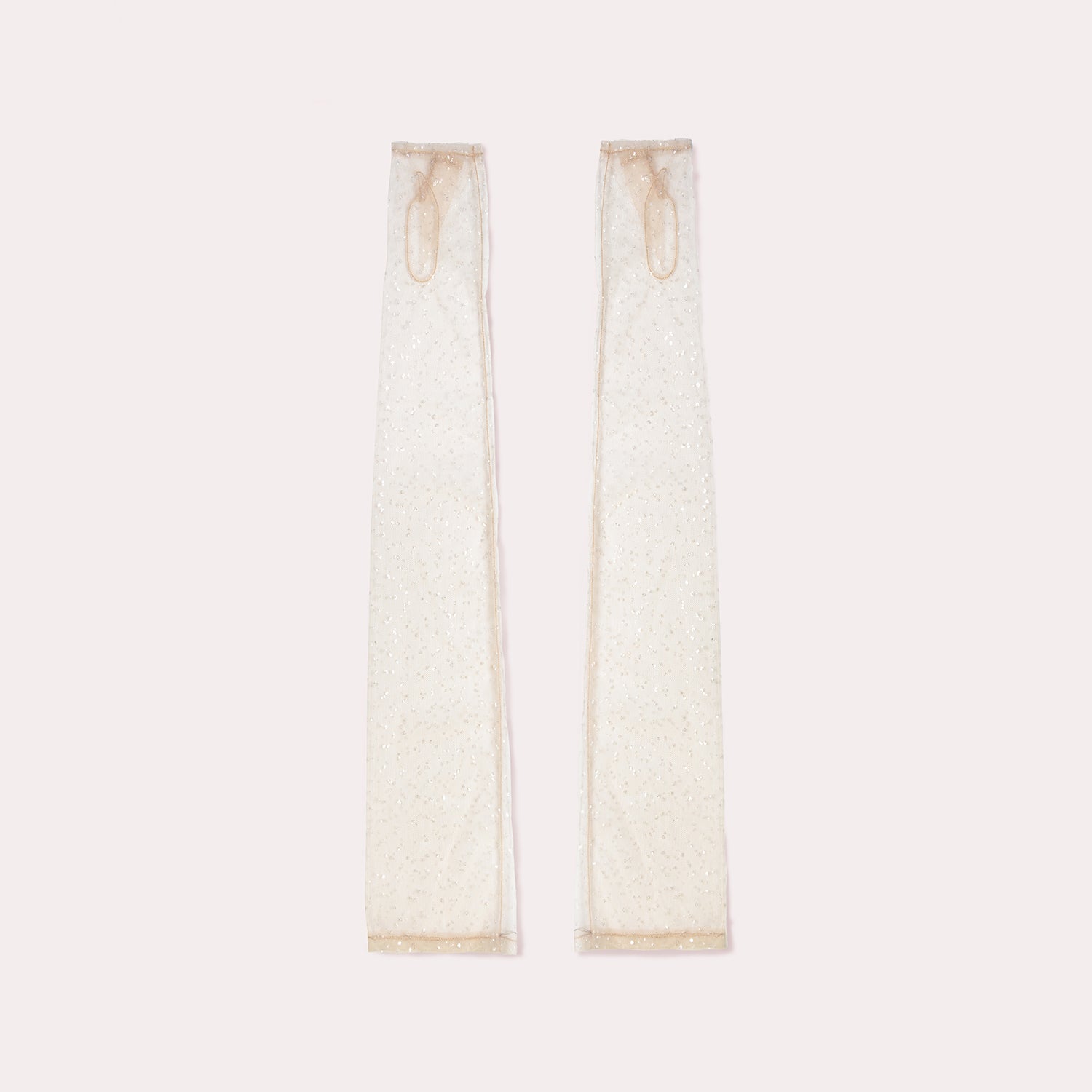 Flat lay of ivory sheer mesh opera gloves with subtle sparkle and finger loops, displayed against a soft pink background.