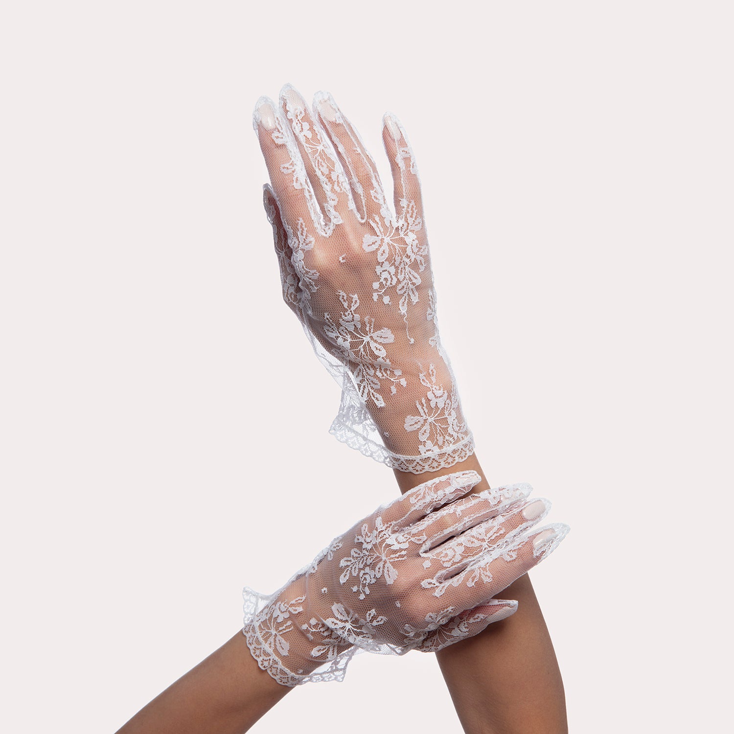 Paris Lace Wrist-Length Gallery Glove white on elegant hands with white background