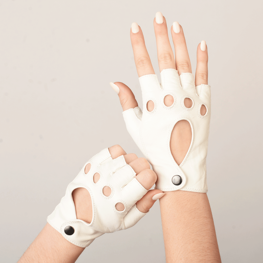 Back view of Virgin White Italian leather fingerless driving gloves by Patricia Field from Emily in Paris with snap buttons, shown in hand modeling.