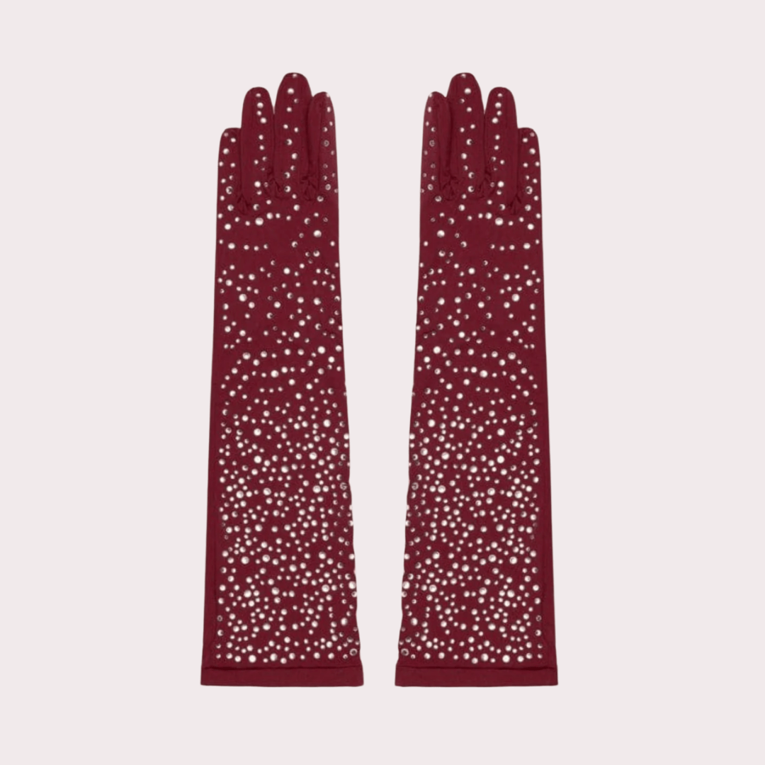 Pair of long burgundy opera gloves embellished with scattered sparkling crystals, displayed flat on a light background.