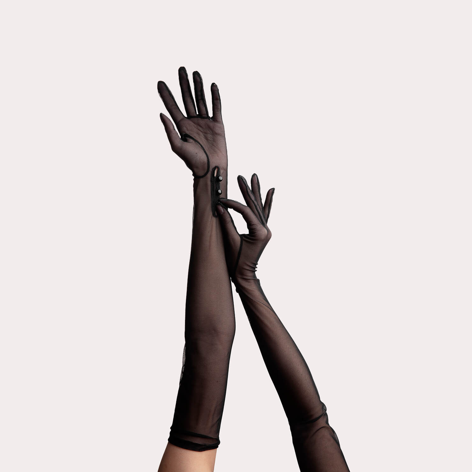 sheer mesh runway opera gloves with in black one had closing the button on the other