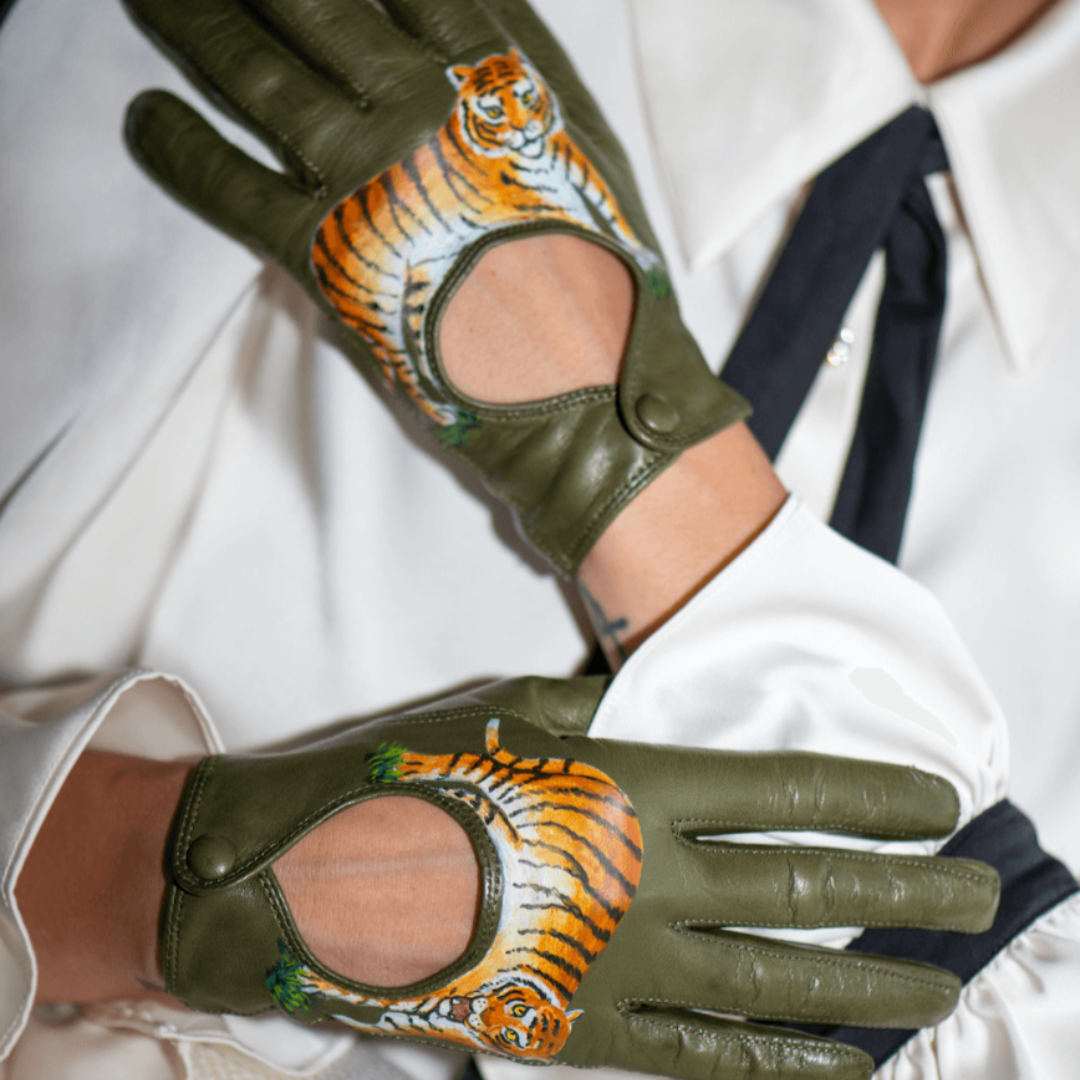Hand Painted Tiger Fingerless Driving Gloves - Limited Edition