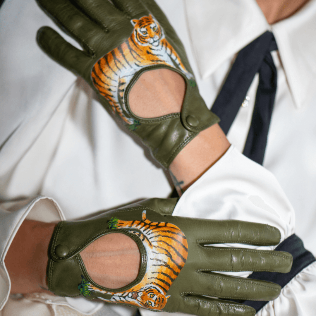Hand Painted Tiger Fingerless Driving Gloves - Limited Edition