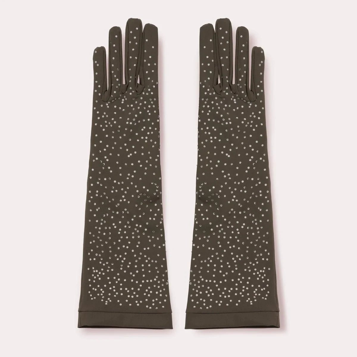 Pair of long khaki opera gloves embellished with scattered sparkling crystals, displayed flat on a light background.