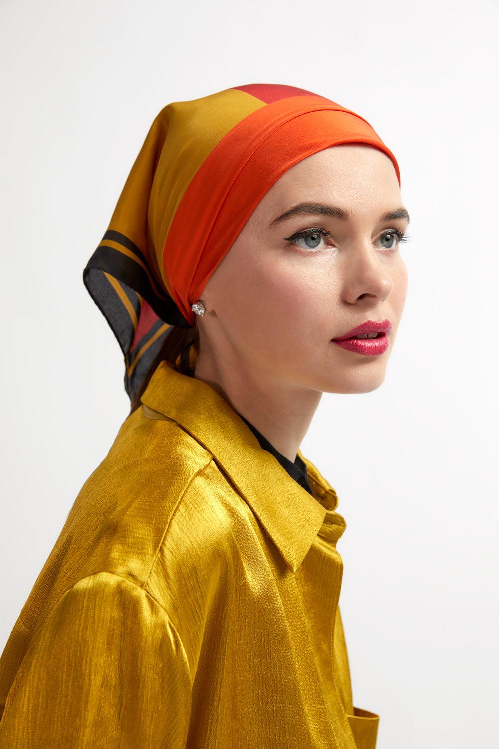 Orange red gold mango scarf by Seymoure Gloves.