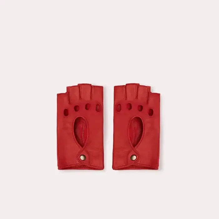 Patricia Field's Devil Red Italian leather fingerless driving gloves from Emily in Paris featuring snap button closure shown in top view