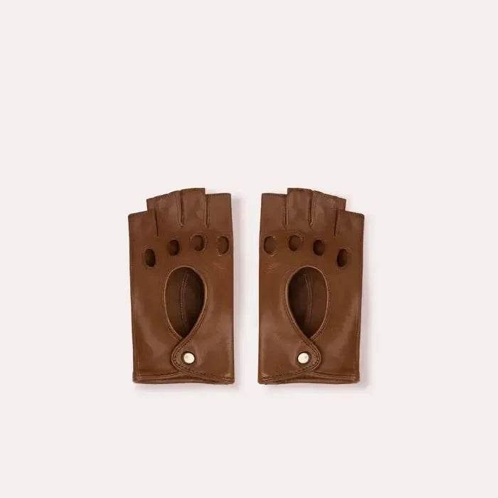 Patricia Field’s Horse Saddle Brown Italian leather fingerless driving gloves from Emily in Paris with snap button closure in top view.