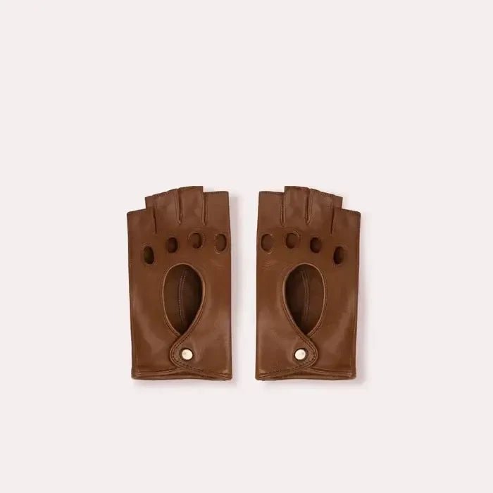Patricia Field’s Horse Saddle Brown Italian leather fingerless driving gloves from Emily in Paris with snap button closure in top view.