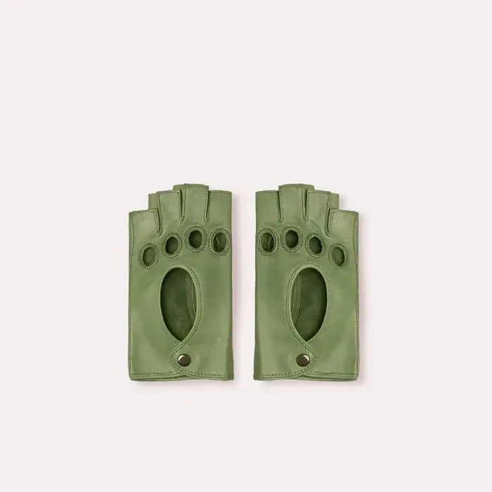 Patricia Field's Central Park Green Italian leather fingerless driving gloves from Emily in Paris featuring snap button closure in top view presentation.