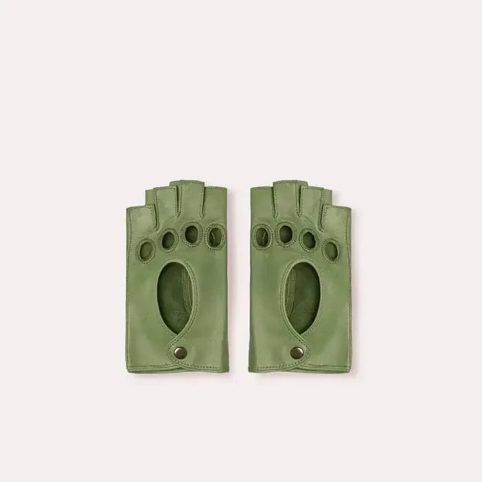 Patricia Field's Central Park Green Italian leather fingerless driving gloves from Emily in Paris featuring snap button closure in top view presentation.