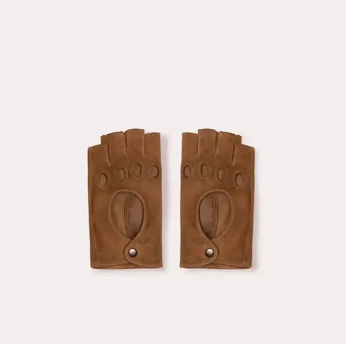 Top view of Patricia Field's Horse Saddle Brown suede Italian leather fingerless driving gloves from Emily in Paris with snap button closure.