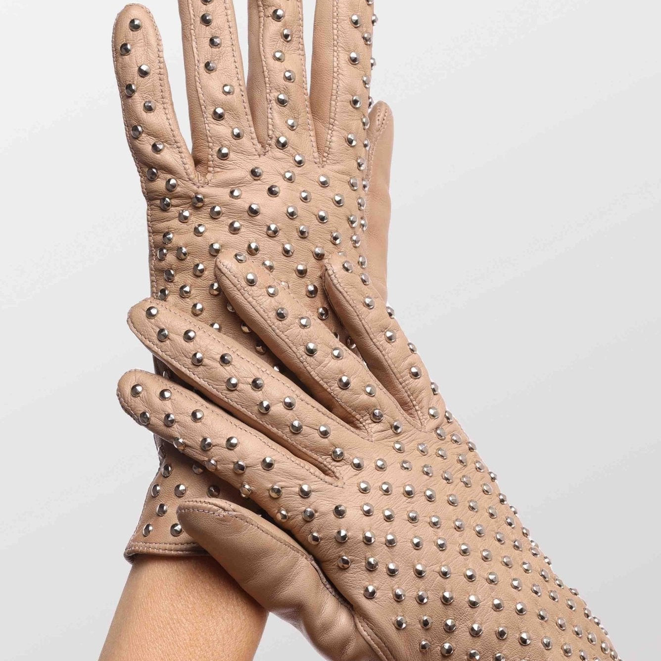 Nude Leather Kelly Glove with Studs