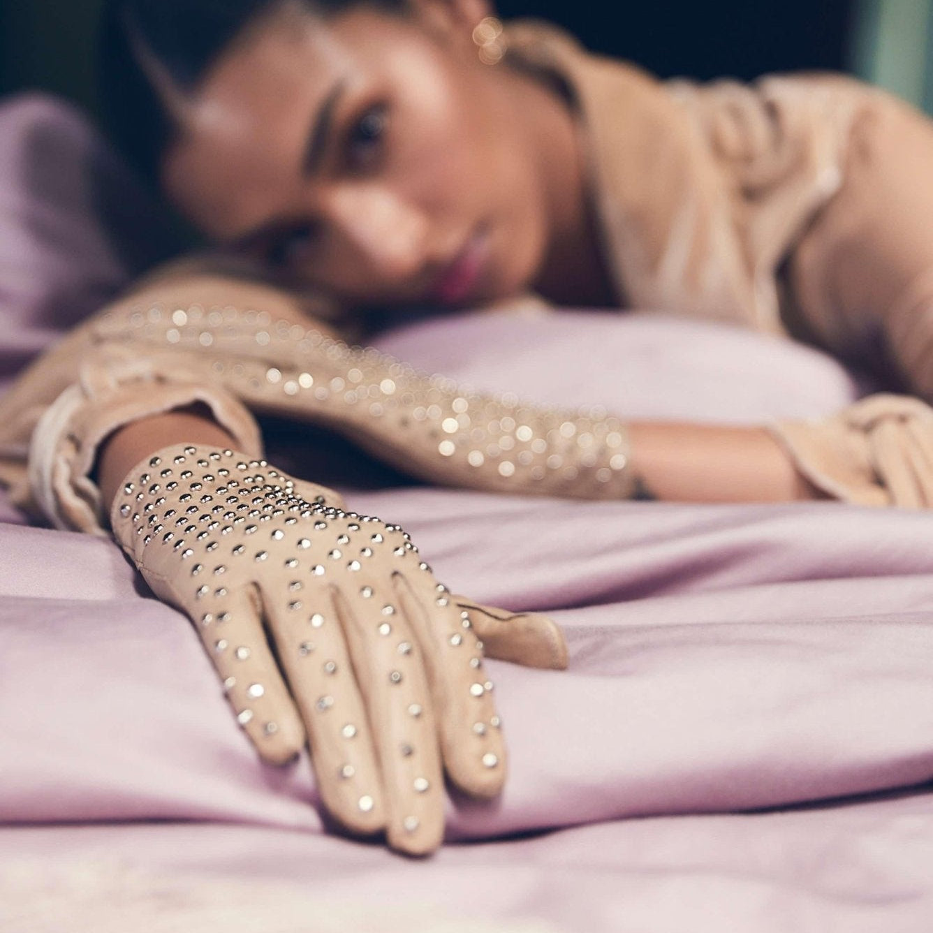 Nude Leather Kelly Glove with Studs