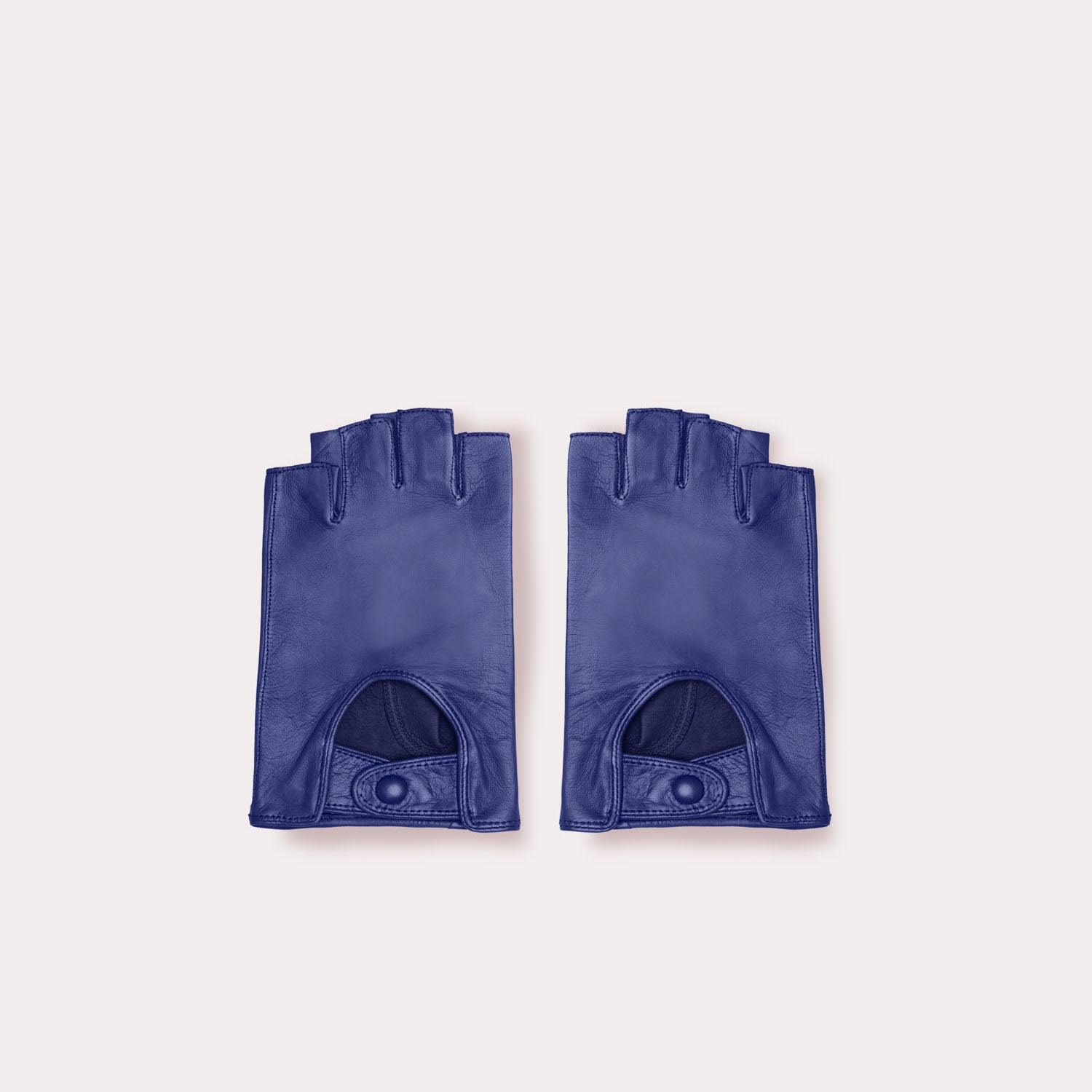 Men's blue fingerless driving gloves made from ethically sourced Italian leather.