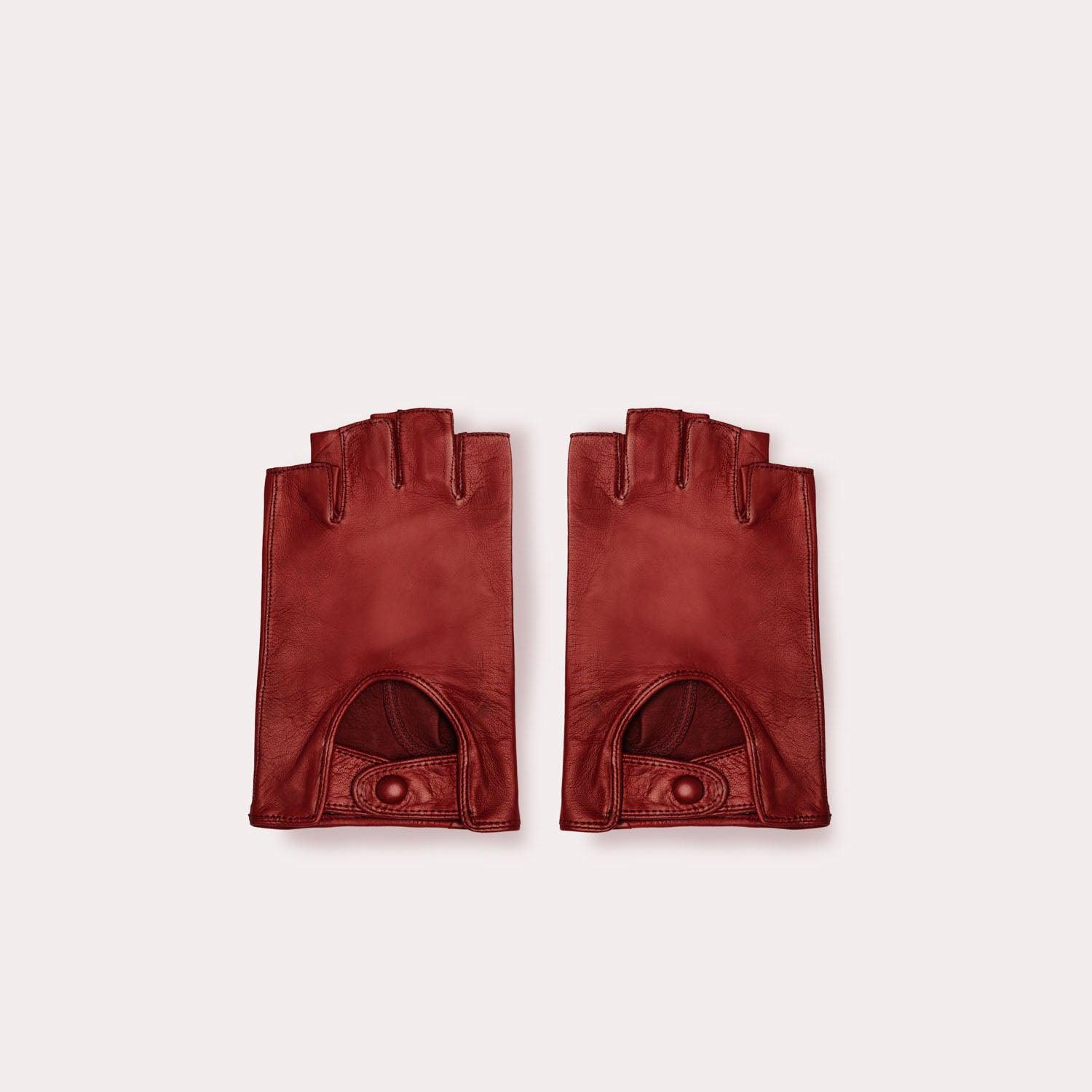 Men's red fingerless driving gloves made from ethically sourced Italian leather.