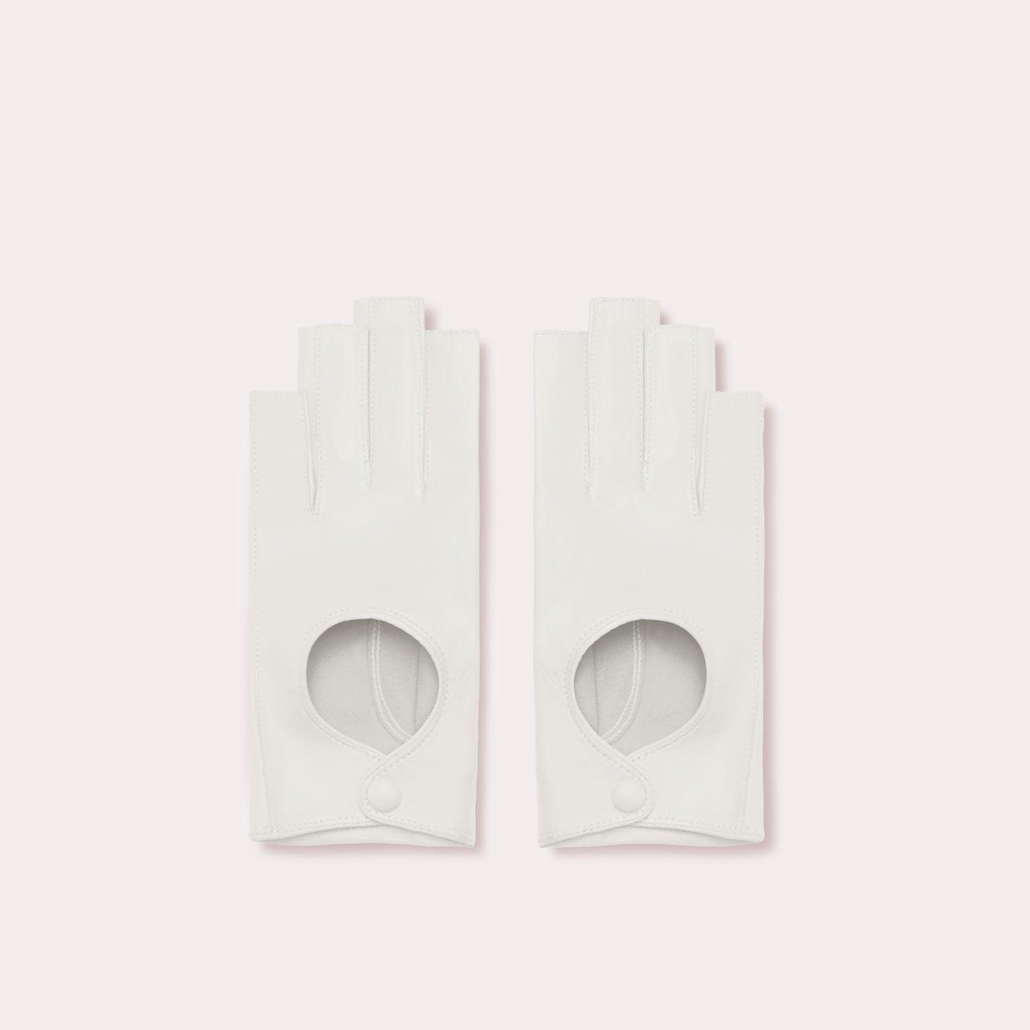 White leather fingerless driver gloves, 3/4