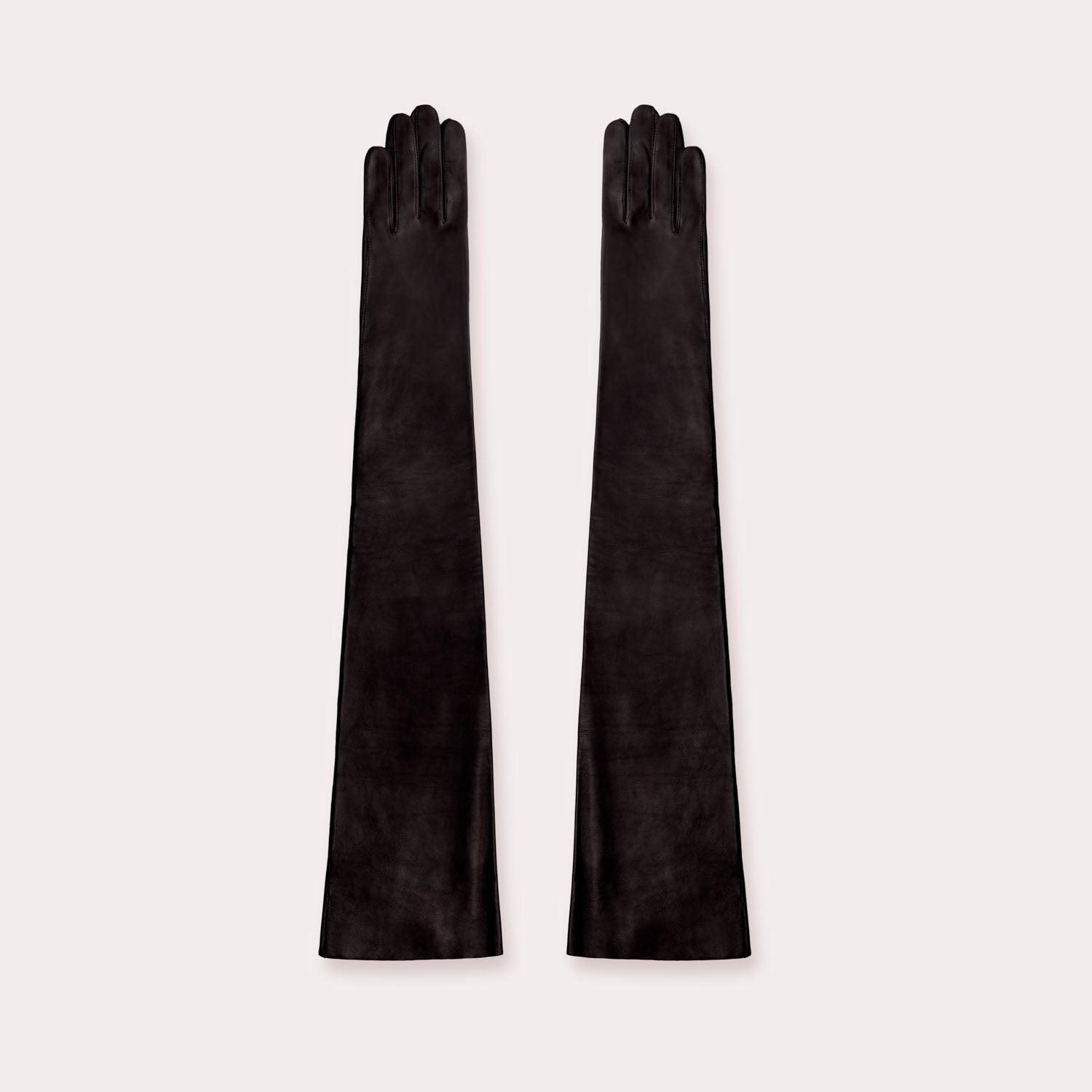 Black Extended Leather Runway Opera Gloves.