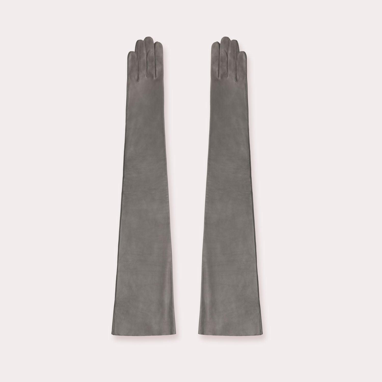 Gray Extended Leather Runway Opera Gloves.