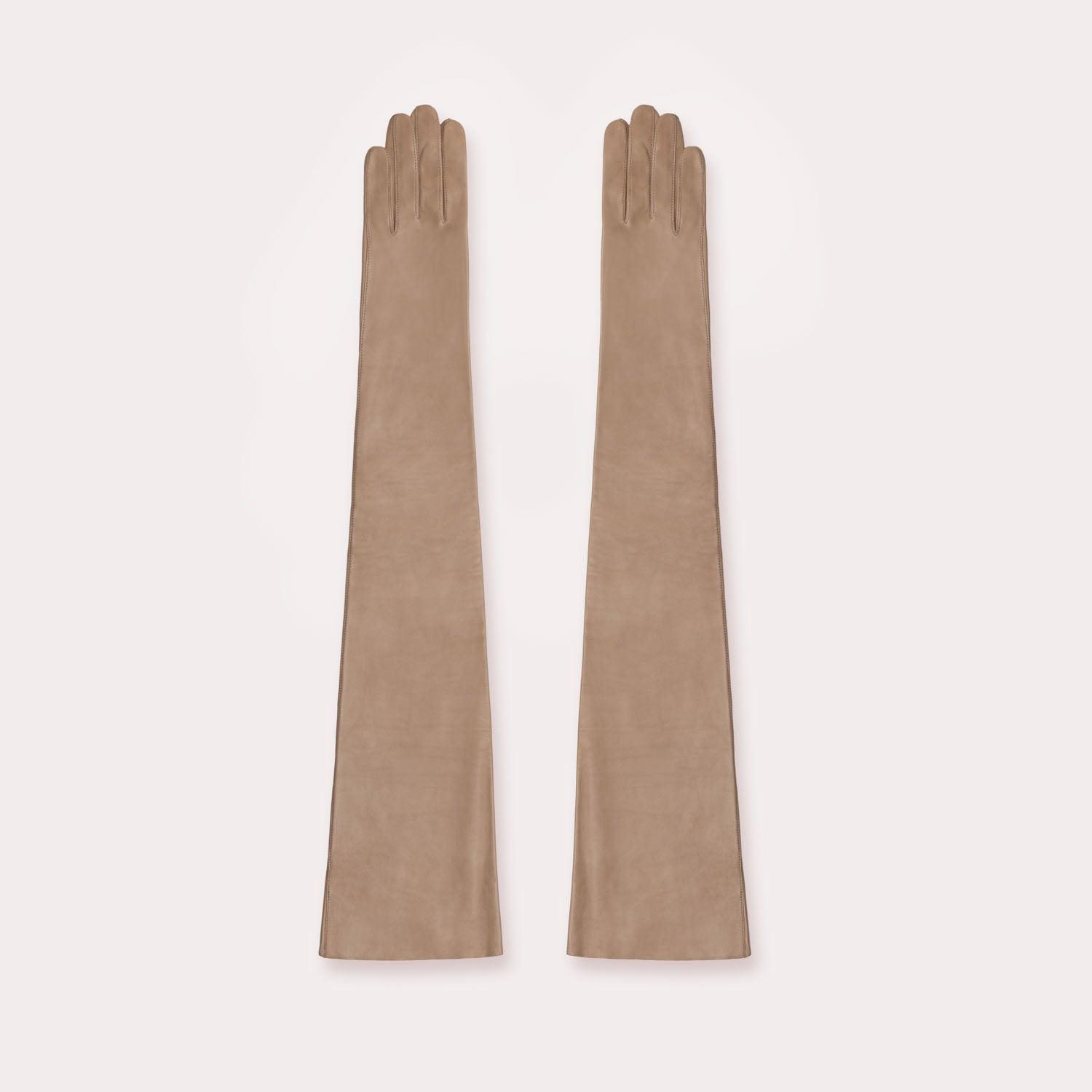 Nude Extended Leather Runway Opera Gloves.