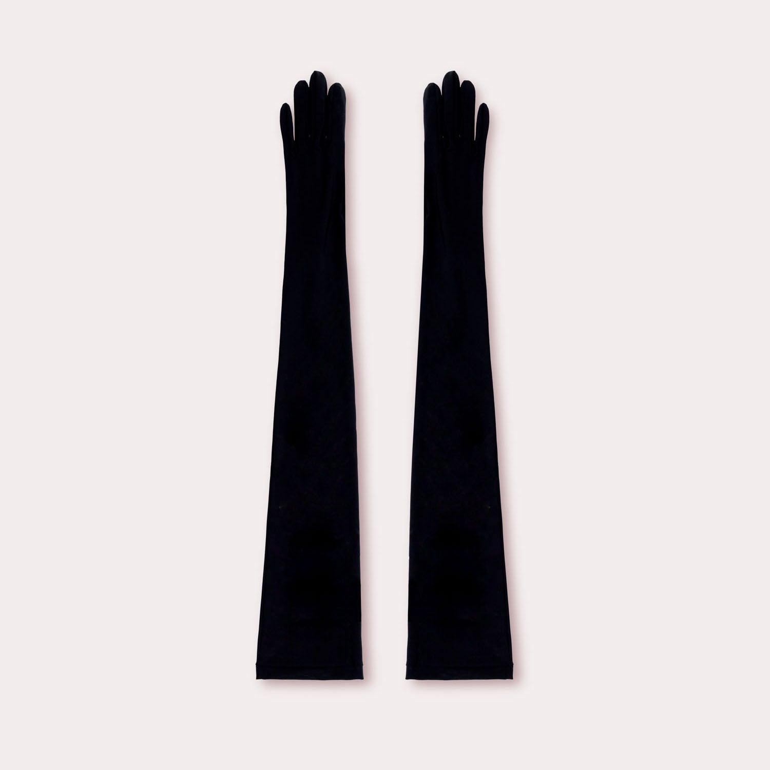 Black nylon gloves by SEYMOURE Gloves. Opera gloves.