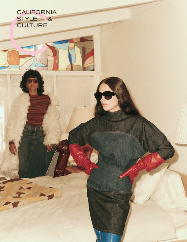 Vintage California fashion - Models wearing denim dress with red gloves and white fur jacket with striped top, styled with sunglasses and boots