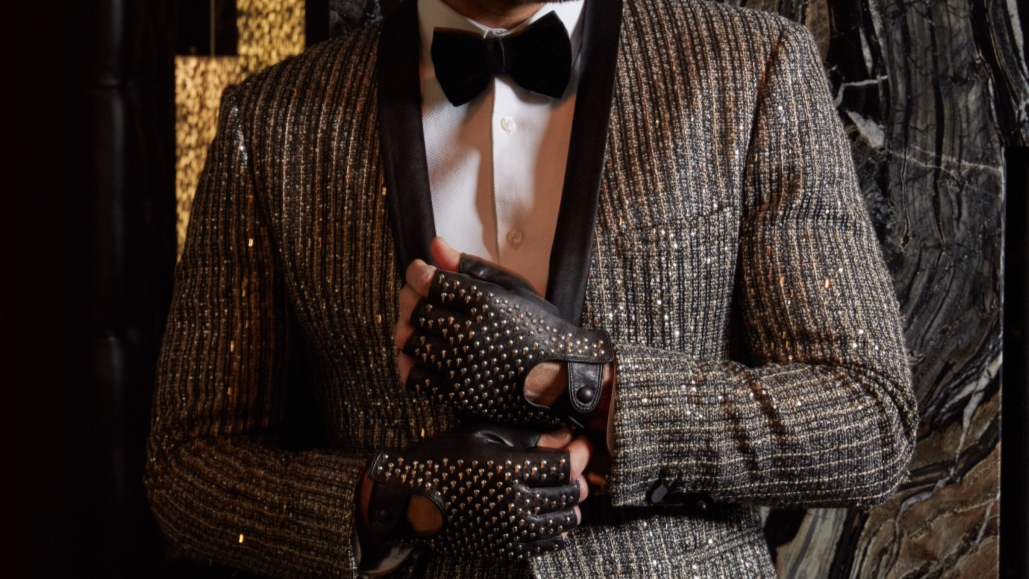 Dramatic men's jacket black bowtie white button up nd black leather studded fingerless gloves