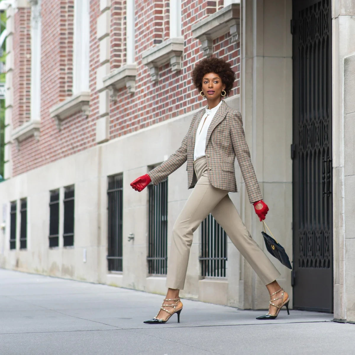 Street style with plaid blazer, tailored pants and studded heels