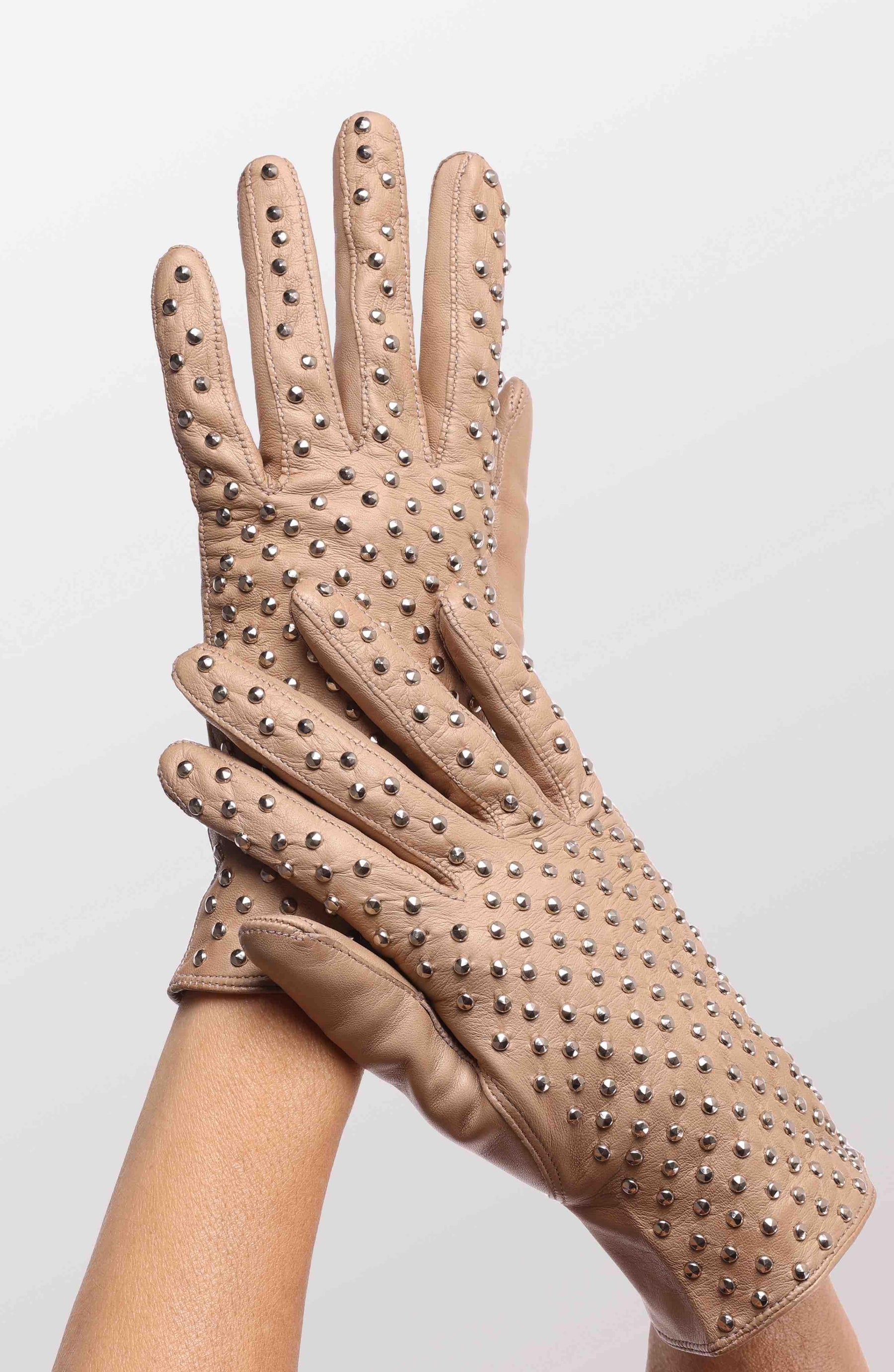 Nude Leather Kelly Glove with Studs