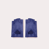 Men's blue fingerless driving gloves made from ethically sourced Italian leather. 