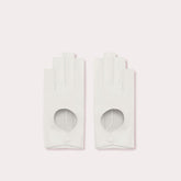 White leather fingerless driver gloves, white leather gloves, leather driver gloves by Seymoure Gloves. White fingerless gloves, driver gloves.